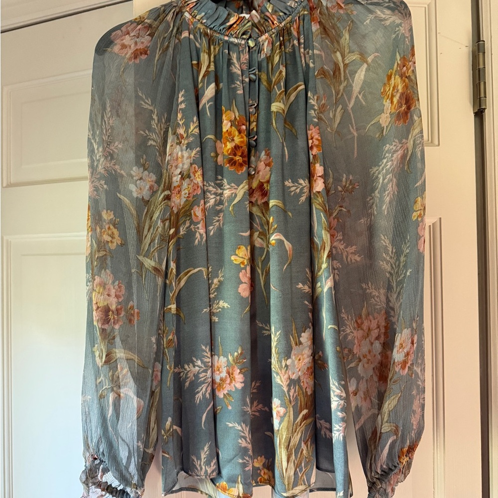 Steel gray Long Sleeve Blouse with Collar